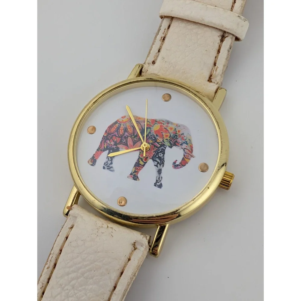 Elephant‎ Dial Watch Women 38mm Gold Case White Faux Leather Band- New Battery